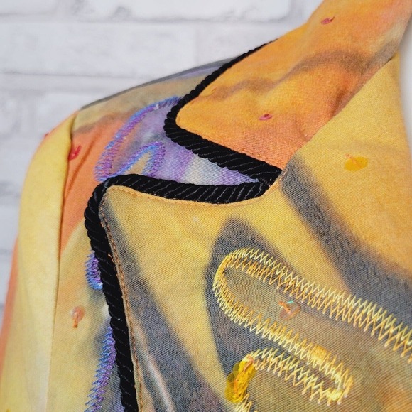 Anage Too wearable art jacket blazer‎ yellow blue hand painted cotton sz Small - Picture 4 of 9